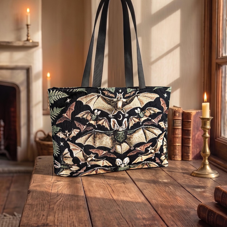 Woven tapestry tote bag weekender bag with vintage bats woven into the jacauard exterior of the tote bag