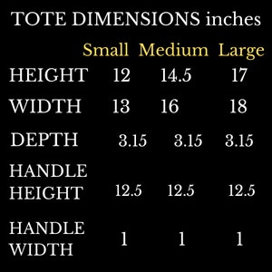 May include: Text on a black background details tote bag dimensions in inches. Sizes are small, medium, and large. Measurements include height, width, depth, handle height, and handle width. The height ranges from 12 to 17 inches.