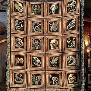 Halloween woven tapestry blanket showing all of the traditional halloween monster skulls and skeletons available as halloween woven tapestry tote bags