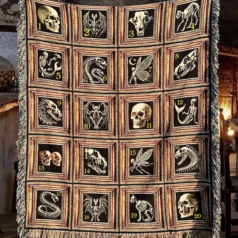 Halloween woven tapestry blanket showing all of the traditional halloween monster skulls and skeletons available as halloween woven tapestry tote bags