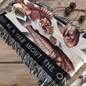 Antique Fish Woven Blanket. The perfect fathers day gift for dad from daughter. This Woven Blanket can be Personalized or purchased as is. The woven blanket has beautiful deep sea vintage fish woven into a smooth, ivory background with black frame.