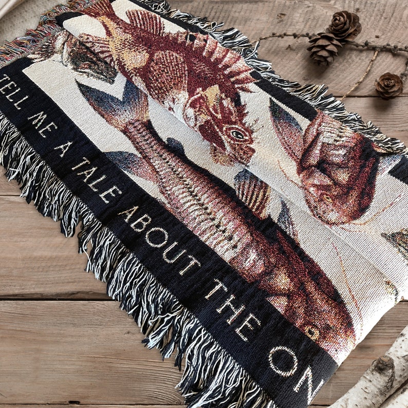 Antique Fish Woven Blanket. The perfect fathers day gift for dad from daughter. This Woven Blanket can be Personalized or purchased as is. The woven blanket has beautiful deep sea vintage fish woven into a smooth, ivory background with black frame.