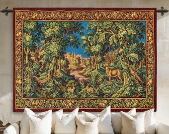 FRENCH VERDURE TAPESTRY Wall Hanging | Red Medieval Tapestry Vintage | French Country Decor | Vintage European Landscape Large Wall Tapestry