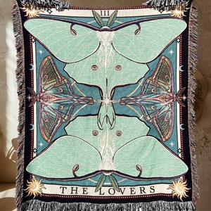 LUNA MOTH Woven Blanket Sage Green Woven Throw Blanket | Lime Cream Decor | TAROT Card Tapestry Blanket | Whimsigoth Woven Tapestry Wall Art