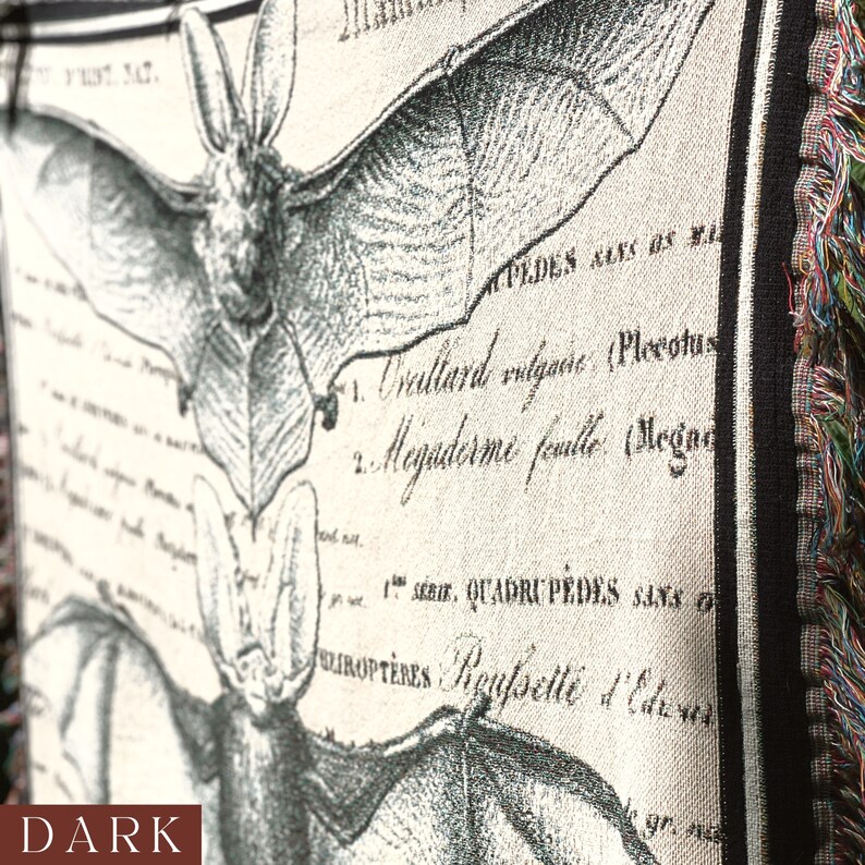 All cotton woven blanket with three large vintage bat illustrations woven onto a cream background with a black and white frame woven around the edges of the blanket.