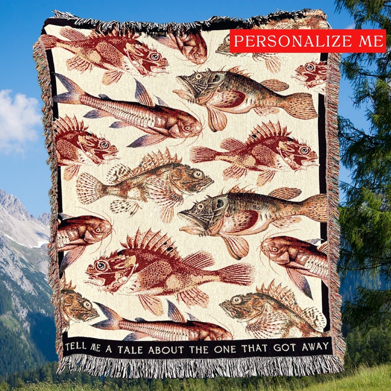 Fisherman aesthetic nautical decor fish blanket. Custom tapestry blanket with woven fish.
