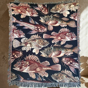 Fisherman Aesthetic Vintage fish art. Vintage fish woven blanket gift for fisherman