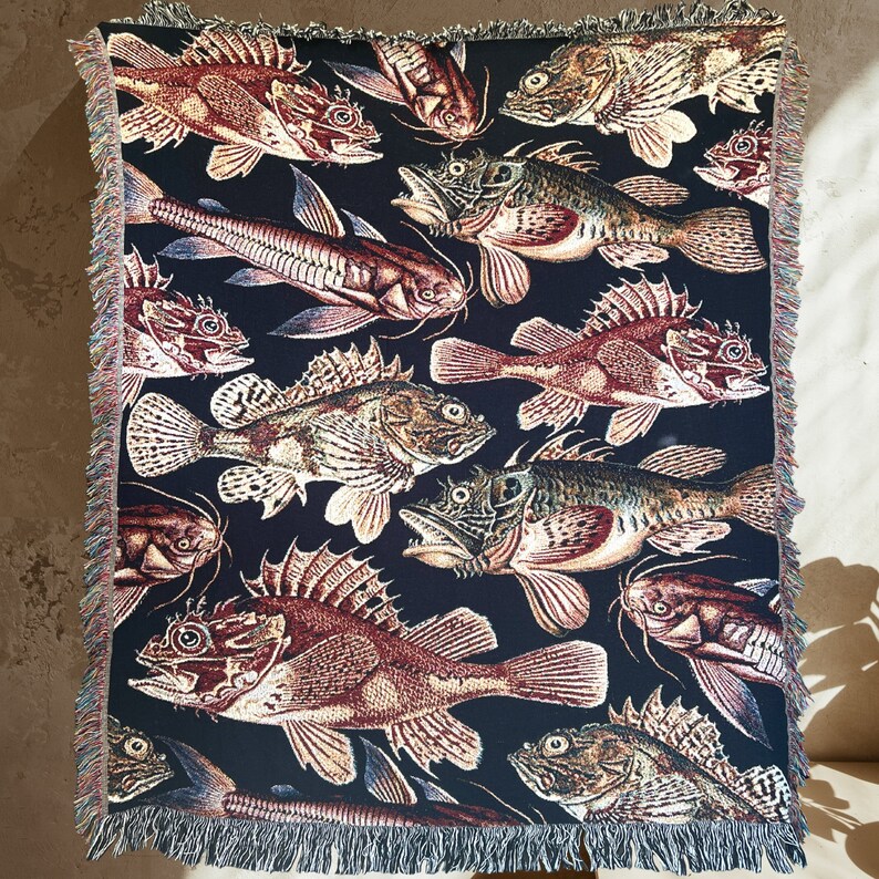 Fisherman Aesthetic Vintage fish art. Vintage fish woven blanket gift for fisherman