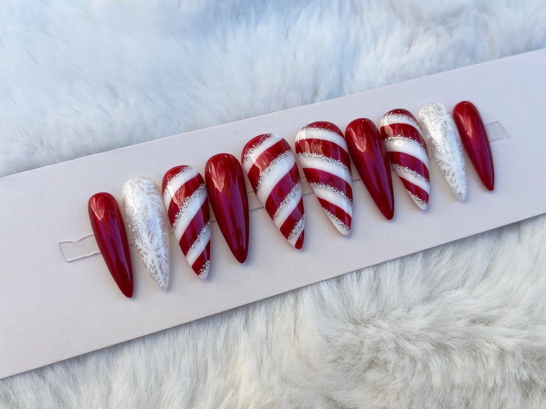 Candy Cane Snowflakes Holiday Christmas Gel PRESS ON Nails ...