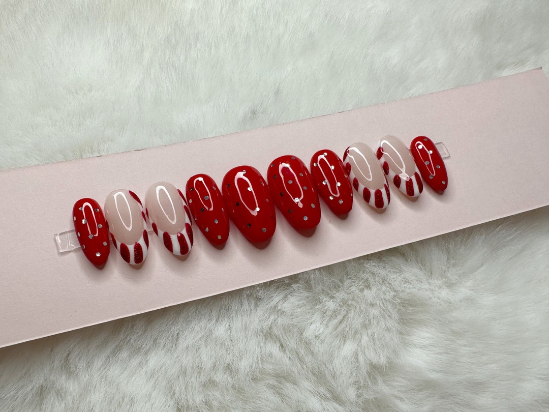Holiday Candy Cane French With Glitter Nail Art Gel PRESS ON Nails Christydidthat Etsy