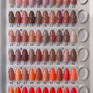 Peut inclure: Un nuancier de vernis &agrave; ongles avec 60 teintes diff&eacute;rentes, allant du rose clair au rouge vif. Le nuancier est organis&eacute; en rang&eacute;es de 10, chaque teinte &eacute;tant num&eacute;rot&eacute;e de 01 &agrave; 60.