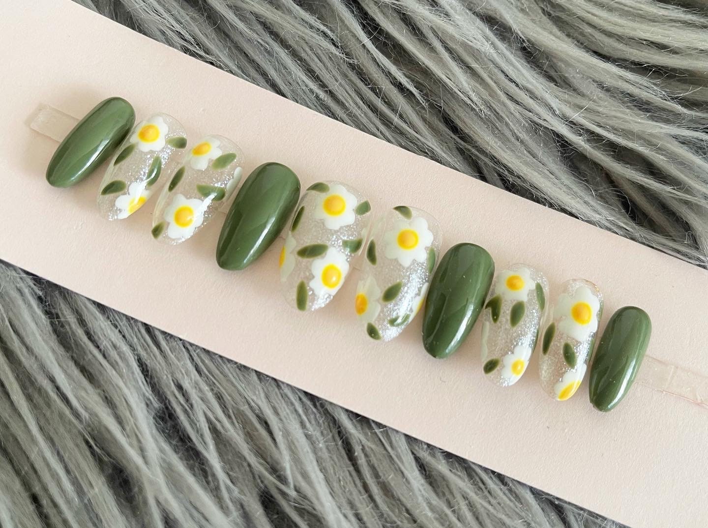 Olive Green Floral Nails with Daisy Charm