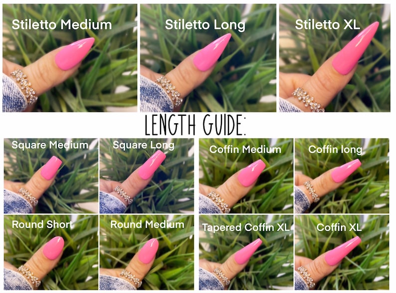 Peut inclure: Un guide des diff&eacute;rentes formes et longueurs d'ongles, montrant une main portant des ongles en acrylique roses dans diff&eacute;rents styles, notamment en forme de stiletto, carr&eacute;, cercueil, rond et cercueil effil&eacute;.