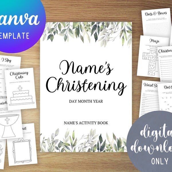 Personalisable Kids Christening Activity Books | Printable Activity Kits | Editable Childrens Colouring Pack | Baptism | Canva Template