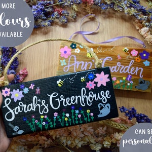 Personalised Hanging Wooden Greenhouse Sign | Custom Hand Painted Name Plaque | She-Shed Signage | Rustic Wood Hanging Outdoor Garden Decor