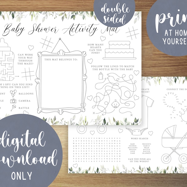Kids Baby Shower Activity Mat | Printable Activity Sheet | Childrens Colouring Placemat | Gender Reveal Party | Digital Download | A4 & A3