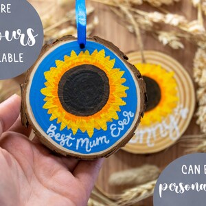 Sunflower Personalised Hanging Wood Slice Decoration | Larger 10cm | Custom Message Gift | Hand Painted Keepsake | Token Gift
