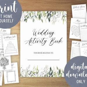 May include: A printable wedding activity book with a watercolour floral design. The cover features the text "Wedding Activity Book" and "This book belongs to:". The book includes a variety of activities such as word searches, dot-to-dot, mazes, and more.