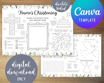 Personalised Kids Christening Activity Mat | Baptism | Printable Activity Sheet | Editable Childrens Colouring Placemat | Canva Template