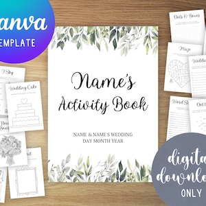 Libri di attività personalizzabili per bambini per matrimoni / Kit di attività stampabili / Pacchetto da colorare per bambini modificabile / Modello Canva / Eucalipto rustico