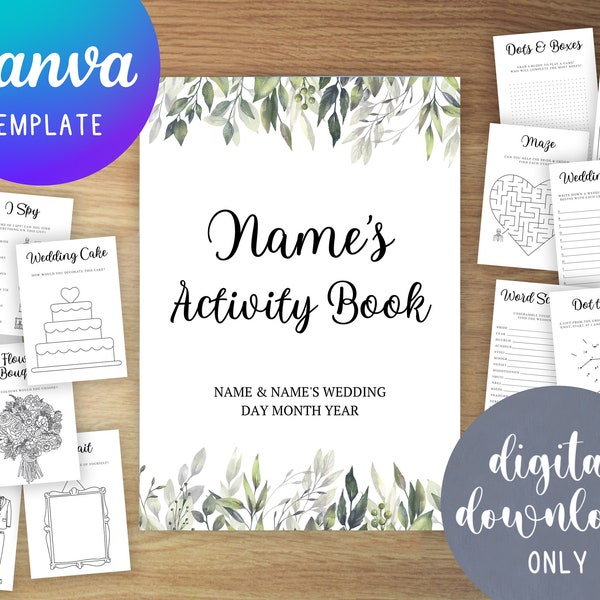 Personalisable Kids Wedding Activity Books | Printable Activity Kits | Editable Childrens Coloring Pack | Canva Template | Rustic Eucalyptus