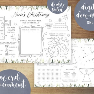 Personalised Kids Christening Activity Mat | Baptism | Printable Activity Sheet | Editable Childrens Colouring Placemat | Word Template