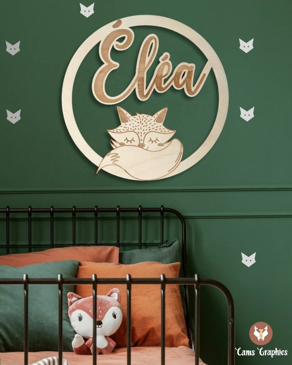 Couronne en Bois Décoration Murale Renard Endormi Prénom Personnalisé