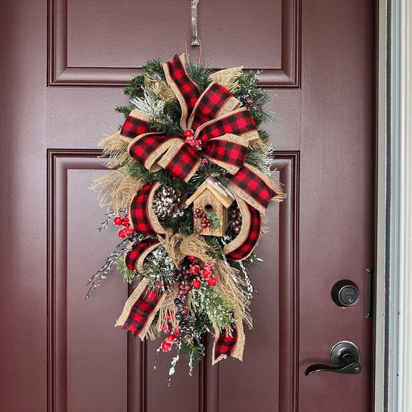 Rustic Christmas Teardrop Swag, Holiday Evergreen Swag Wreath, Buffalo Plaid After Christmas Wreath, Winter Birdhouse Door Wreath