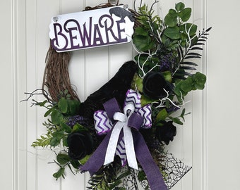 Halloween Wreath Raven, Spooky Halloween Door Decor, Black Bird Halloween Front Porch Wreath, Designer Black Roses Grapevine Wreath with Bow