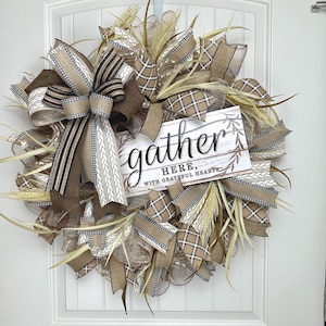 Large Fall Wreath Front Door, Fall Natural color Home Decor, Wheat Wreath, Autumn Neutral color Thanksgiving Farmhouse Wreath Gather Here