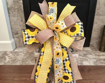 Fall Sunflower Lantern Bow,  Large Farmhouse Autumn Lantern Decoration