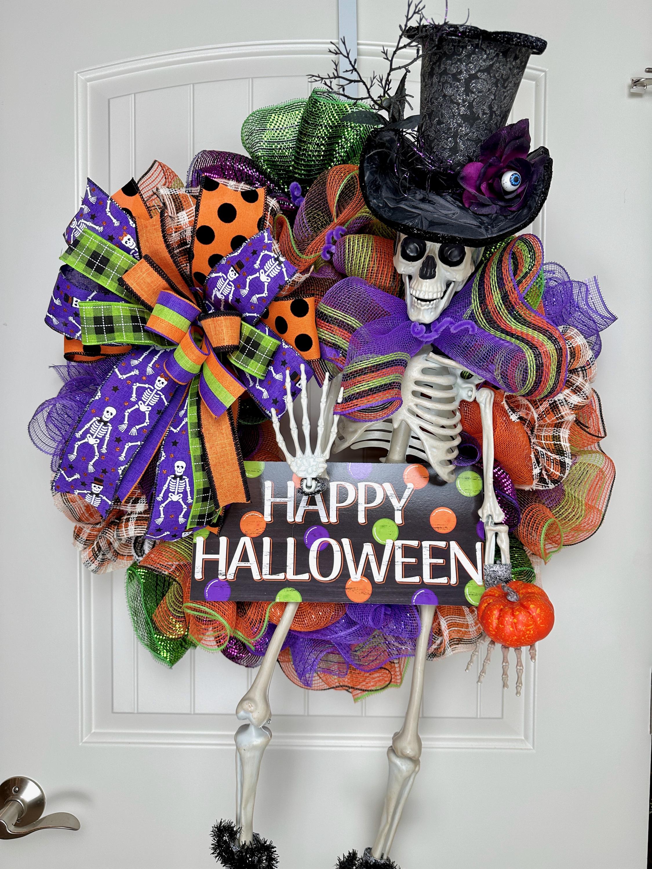 Large Halloween Skeleton Wreath Front Door, Happy Halloween Orange Purple Porch Decor, Designer Fun Spooky Mr. Bones Wreath Polka dot Bow