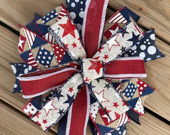 Large Patriotic Bow, 4th of July Rustic Lantern or Wreath Bow