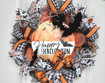 Happy Halloween Wreath Front Door, Spooky Decor with Bats, Black and Orange Mesh Wreath with Festive Bow, Front Door Halloween Decoration
