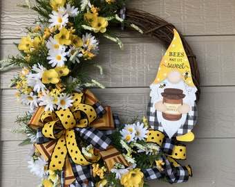 Yellow Grapevine Wreath Front Door Wreath Spring Wreath Summer Wreath Polka Dots and Striped Ribbons. Easter Wreath
