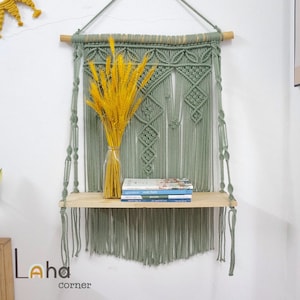 Macrame Hanging Shelf: Boho Floating Wooden Shelf