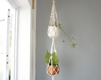 Macrame Double Plant Hanger: Two-Tier Cotton Plant Holder