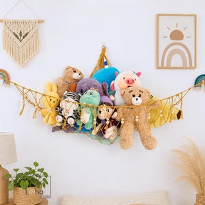 Macrame Stuffed Animal Hammock with Fringe, Corner Toy Storage for Kids’ Rooms