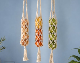 Soporte de macramé para frutas: bolsa colgante para verduras para almacenar cebollas.