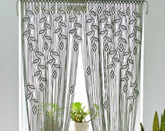 Curtains For Living Room Farmhouse, Green Boho Curtains, Doorway Window Curtain, Handmade Tassels Curtain, Macrame Leaf Door Curtain