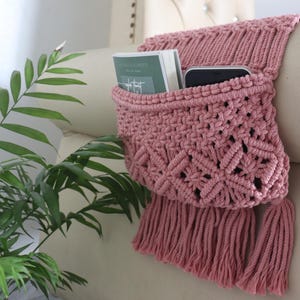 Macrame Couch Arm Organizer, Sofa Armrest Caddy, Remote Holder, Book and Tablet Storage Pocket