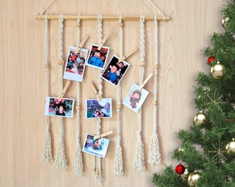 Présentoir photo en macramé, suspension murale bohème avec pinces à bois
