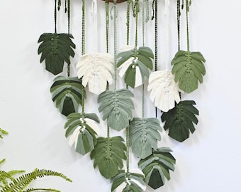 Green Monstera Macrame Wall Hanging, Tropical Leaf Wall Art