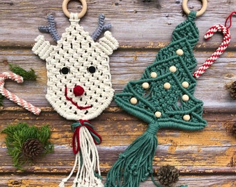 Christmas Reindeer Face and Pine Tree Decor, Macrame Reindeer and Pine Tree Christmas Decoration, Front Door Decor, Christmas Ornaments