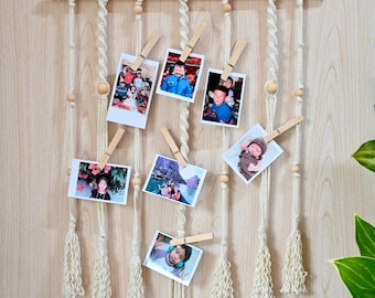Suporte para fotos em macramê, foto em barbante, exibição de fotos em barbante boho, clipes de madeira incluídos, exibição de fotos na parede, presente de Natal