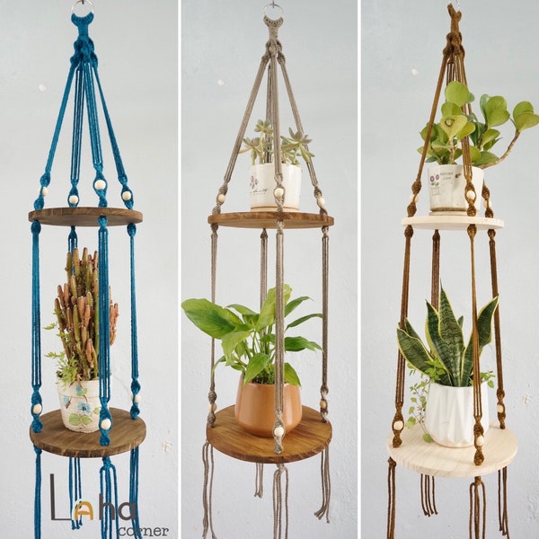 Colgador de plantas de macramé, estante colgante de dos niveles, estante colgante de macramé, decoración de jardinería, decoración de granja, estante de esquina, accesorios de plantas