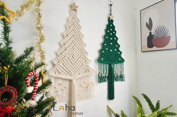 Vintage Macrame Green Christmas Tree Hanging w/ Red Beads Decor