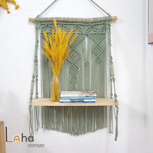 Macrame Shelf with Wooden Board,  Boho Hanging Wall Decor