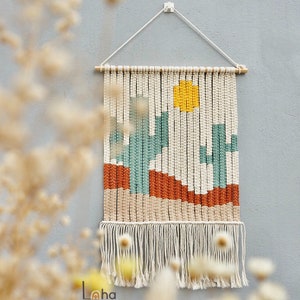 Mountain and Cactus Macrame Tapestry, Mountain Art Wall Hanging, Medium Wall Hanging Tapestry, Custom Color Tapestry