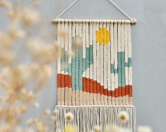 Mountain and Cactus Macrame Tapestry, Mountain Art Wall Hanging, Medium Wall Hanging Tapestry, Custom Color Tapestry